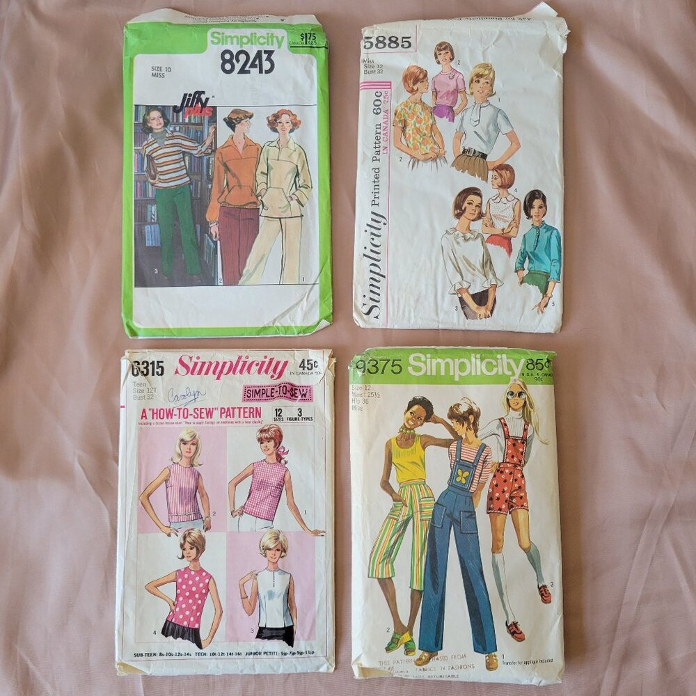 Vintage 60’s & 70’s Simplicity Sewing Patterns Lot of 4.  Teen/Miss, Tops/Bottom